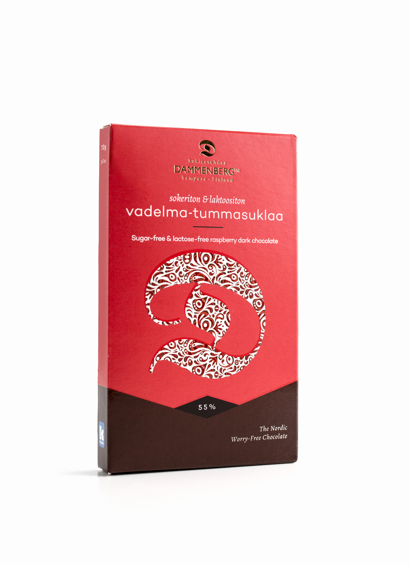 70g Sokeriton Vadelma tummasuklaa levy 55%